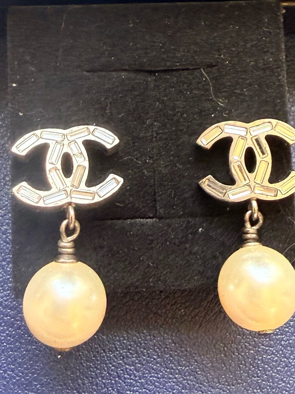 Authenticated CHANEL Gold Double-C Drop Earrings with Cream Pearl Pendants
